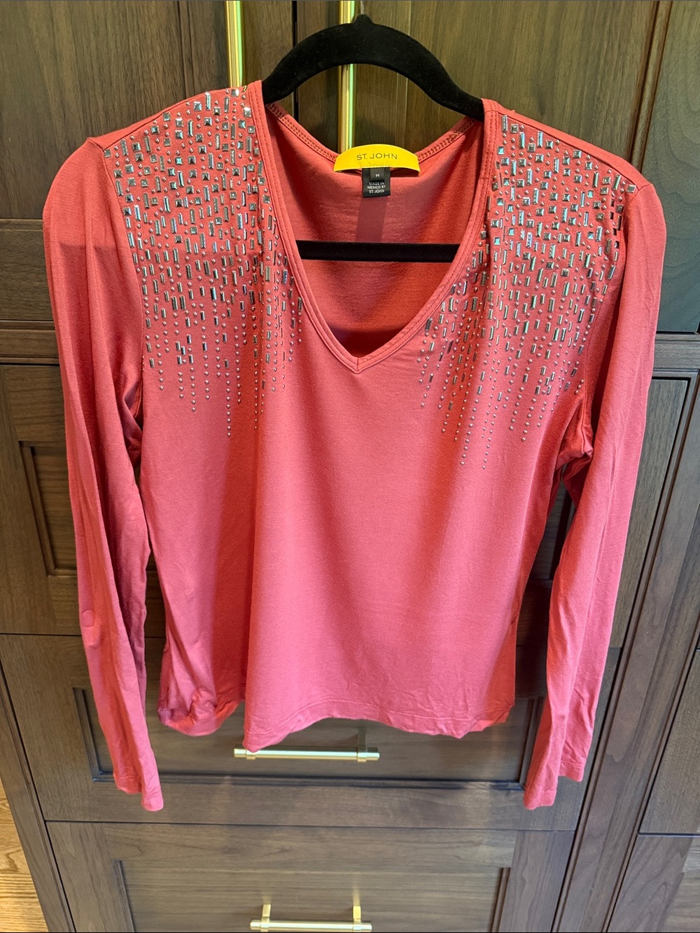 St. John Coral Long-Sleeve V-Neck Top with Shoulder Rhinestones